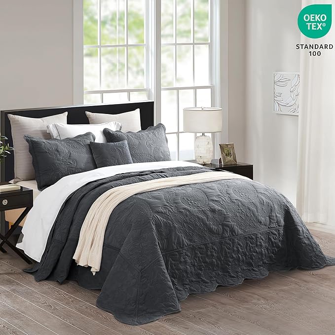 HZ & HY Oversized King Bedspread 128x120 Extra Wide, Quilted Coverlet Bedding Set, Lightweight Thin Comforter, Reversible, Luxurious, 5 Piece, 100% Microfiber, Dark Grey