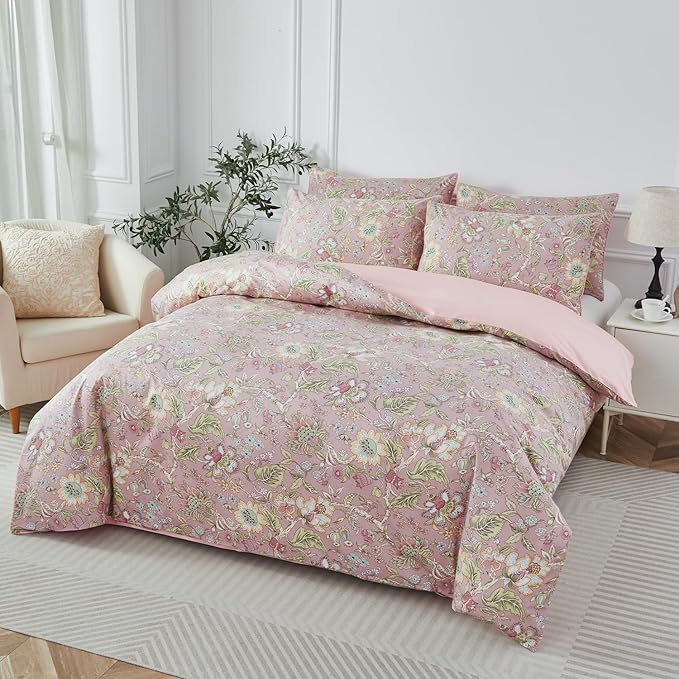 URBONUR King Duvet Cover Set Soft 100% Cotton Floral Bedding Sets Blush Pink Wildflower Comforter Cover, Button Closure and Corner Ties (3Pcs, Vintage Floral, King)