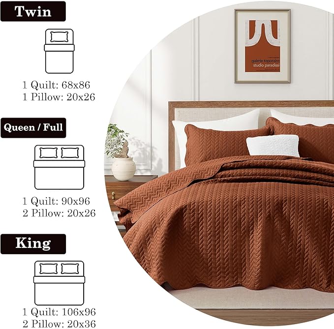 MOONLIGHT20015 Quilt King Size (106" x 96") with 2 Pillow Shams (20" x 36"+2") for All Seasons - 3 Pcs Lightweight Bedding Set Reversible Coverlet Embossed Quilted Bedspread (Rust)