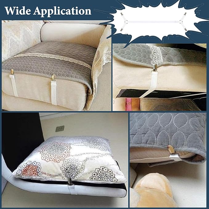 Bed Sheet Straps, Adjustable Durable Bed Sheet Holder Straps with Metal Clips, Elastic Sheet Holders Keep Sheets Firm & Tight 2PCS White