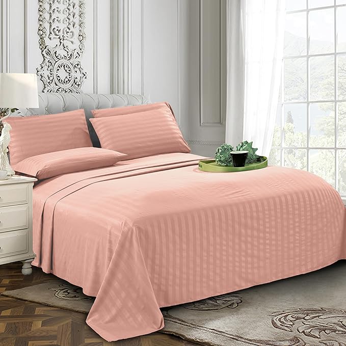 Elegant Comfort Softest and Coziest 6-Piece Sheet Set - 1500 Premium Hotel Quality Microfiber - Deep Pocket, Wrinkle Resistant 6-Piece Damask Stripe Bed Sheet Set, King, Dusty Rose