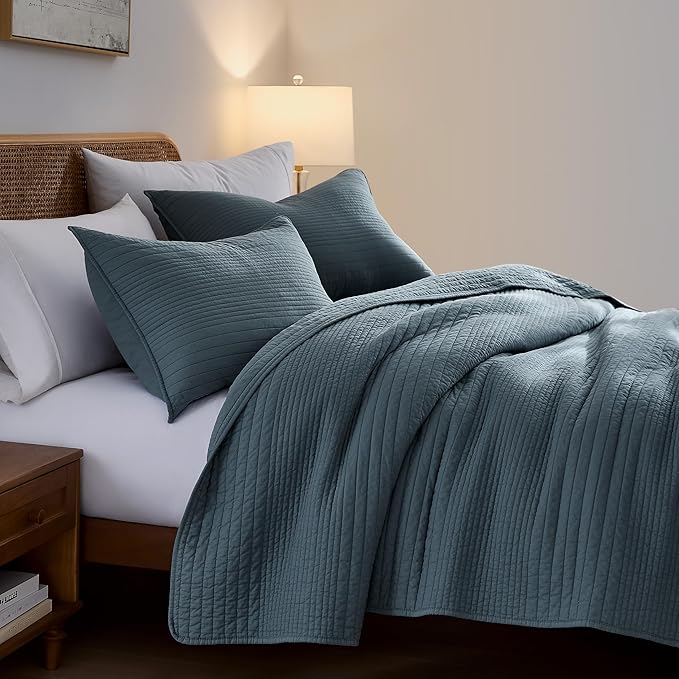 PALASSIO Striped Blue Grey 100% Cotton Quilt California Cal King Size Bedding Sets, Oversized Lightweight Channel Pick Stitch Textured Bedspread Soft Farmhouse Country Coverlet for All Season, 2 Shams