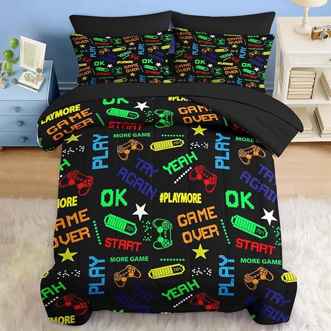 Comforter Set Full Size, Retro Computer Gamepad 7 Pcs Bedding for Kids and Adults, Cartoon Video Game Bed Sheet Sets with Fitted Sheet 2 Pillowcases & 2 Shams for Bedroom Bed Decor
