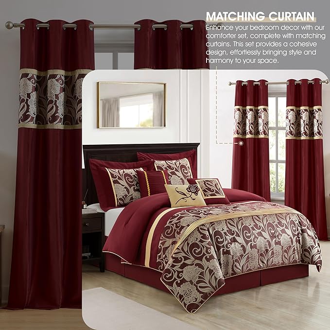 Grand Avenue Red and Gold Comforter Set King Size, 9 Piece Jacquard Floral Bedding Set, All Season, Ultra-Soft, Matching Pillows & Shams, Bed Skirt, Curtains