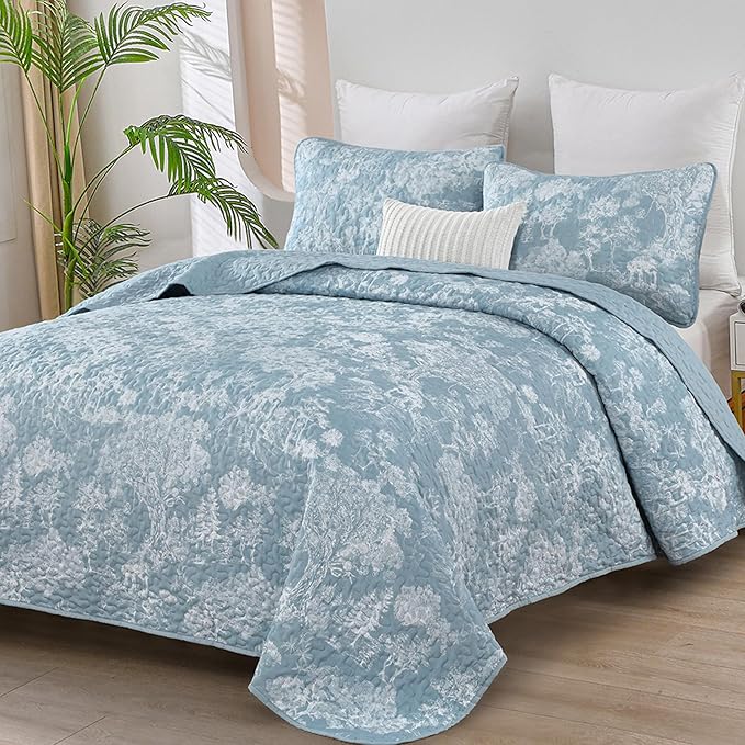 WONGS BEDDING Botanical Quilt Set King Size, Aqua 3 Pieces Toile Floral Plants Printed Bedspread Bedding Set Soft Lightweight Microfiber Coverlet Set for All Season (104"x90")