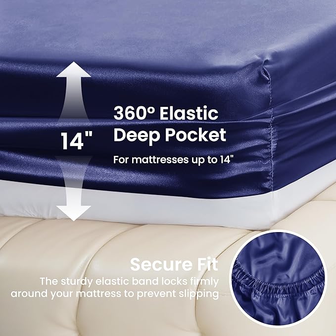 Love's cabin Full Size Satin Sheet Sets - 4 Piece Navy Blue Silky Sheet Set Full with Deep Pocket, Luxury Silk Feel Satin Bed Sheets Full Bedding Set (1 Flat Sheet,1 Fitted Sheet,2 Pillow Cases)