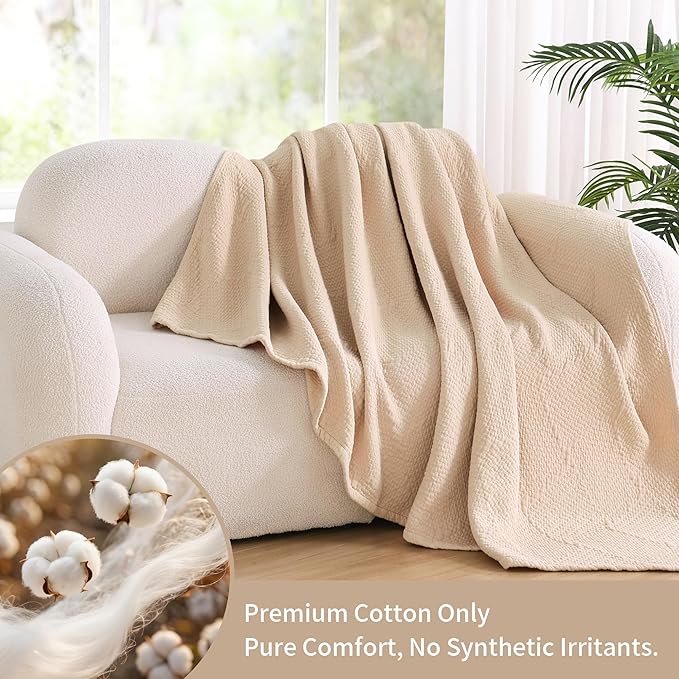 Premium 100% Cotton Blanket – All-Season Soft Breathable Bed Blanket for Queen Size – Lightweight Stylish Textured Throw for Bed– Giftable Cozy Bedding