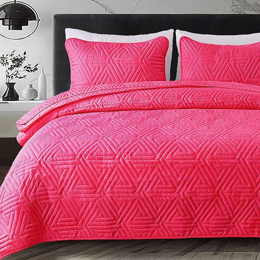 Whale Flotilla Soft King Size Quilt Set for All Seasons, 3-Piece Ultrasonic Geometric Quilts Bedding Set, Lightweight Reversible Bedspread, Coverlet, Bed Cover with 2 Pillow Shams, Hot Pink