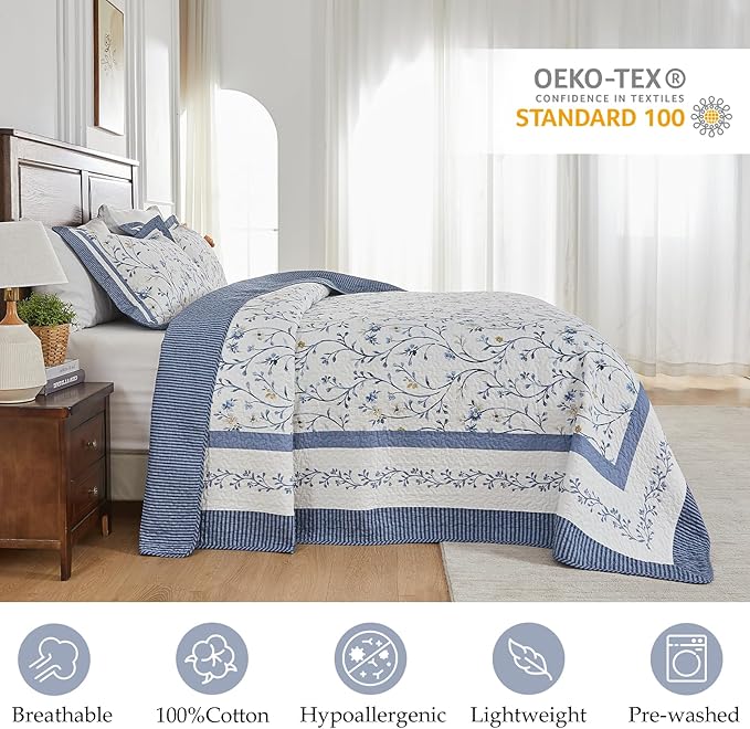 Oversized Queen Bedspread 102"x120" - 100% Cotton Lightweight All-Season Quilted Coverlet with Vine Floral Design - Elegant Farmhouse & Modern Bedding - Oversized Queen Quilt in Blue/White