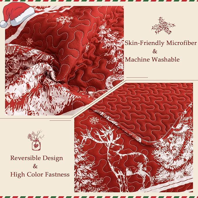 Exclusivo Mezcla Reversible Christmas Quilts King Size, Red Bedspread Lightweight Coverlet Winter Quilt Bedding Set with Printed Striped Trees Snowflakes Pattern (1 Quilt, 2 Pillow Shams)