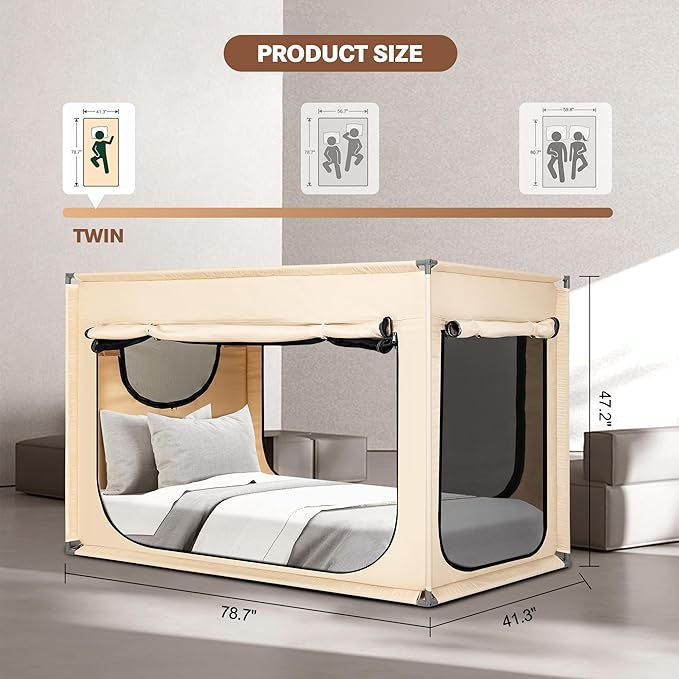 Twin Bed Canopy Portable Blackout Bed Tent Privacy Tent for Adult Indoor Sleeping with 3 Doors, Storage Bag, Khaki
