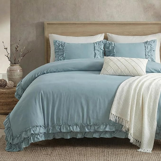 Grayish Blue Duvet Cover King Vintage Ruffled Bedding Shabby Chic Boho Bedroom Decor Super Soft All Season Ruffle Duvet Cover Set