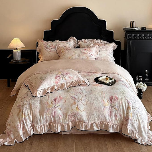 HighBuy Pink Floral Linen Duvet Cover Twin XL,Ruffle Floral Bedding Set for Girl College,Muslin Yarn-Dyed Comforter Cover with Zipper for Hot Sleepers,Breathable & Fade-Resistant All Season
