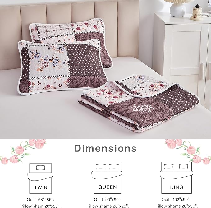 Patchwork Quilt Set Twin Size, 2 Pieces Brown White Floral Plaid Design Summer Bedspread Coverlet Set, Soft Microfiber Reversible Lightweight Bed Cover for Kids (68" x 86", 1 Quilt+ 1 Pillow Sham)