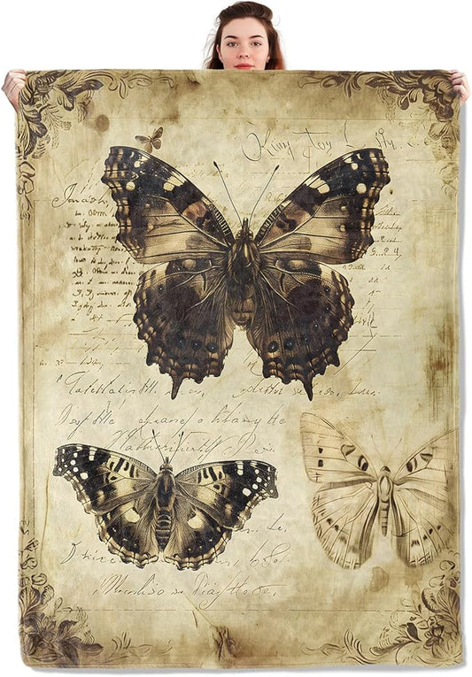 Retro Moth Blanket Lightweight Blankets Gifts for Adults Flannel Throw with Vintage Butterfly and Old Paper Background Printed for Sofa, Bed, Travel, Picnic, Office, Decor Throws 80x60 Inch