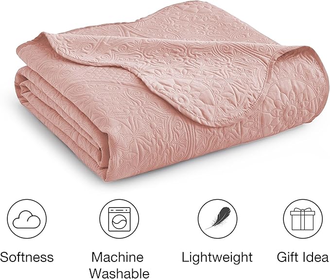 IR Imperial Rooms King Quilt Bedding Set Size (106" x 96") + 2 Pillow Shams (20" x 36"+ 2") - 3 Pcs All Season Lightweight Reversible Microfiber Coverlet Floral Embossed Quilt Bedspread (Baby Pink)