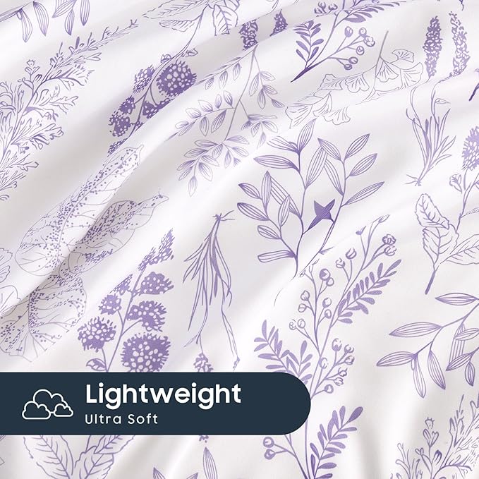 Wake In Cloud - Floral Duvet Cover Set, Botanical Vintage Flower Coquette Cottagecore Aesthetic for Women Teen Girls, Soft Lightweight Bedding, 3-Piece, Lilac, Full Size