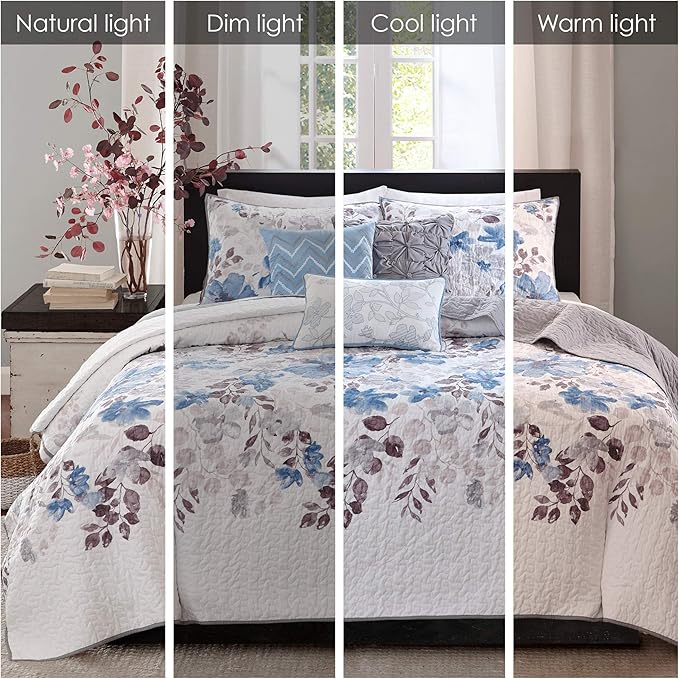 Madison Park Luna Quilt Modern Classic Design All Season, Breathable Coverlet Lightweight Bedding Set, Matching Shams, Decorative Pillow, Full/Queen(90"x90"), Floral Blue 6 Piece