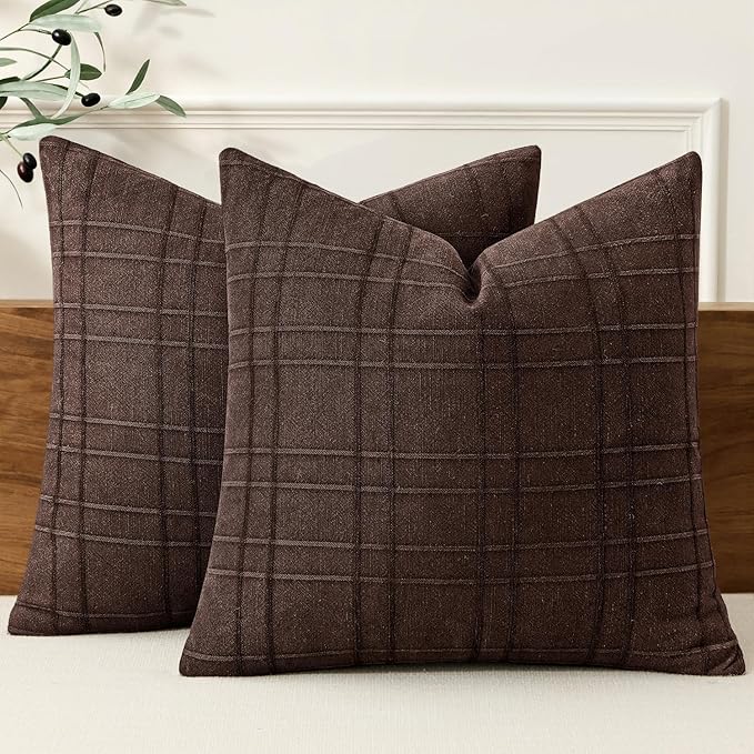MIULEE Decorative Linen Check Throw Pillow Covers Neutral Farmhouse Vintage Pillow Covers 20x20 Set of 2 Boho Modern Winter Home Decor for Sofa Couch Bedroom Cushion Dark Brown