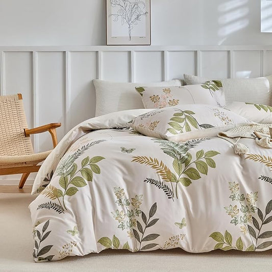 Lekesky King Size Reversible Duvet Cover, Duvet Cover King Size 3 Piece Green Leaf Microfiber Botanical Bedding Set with Zipper Closure 8 Corner Ties