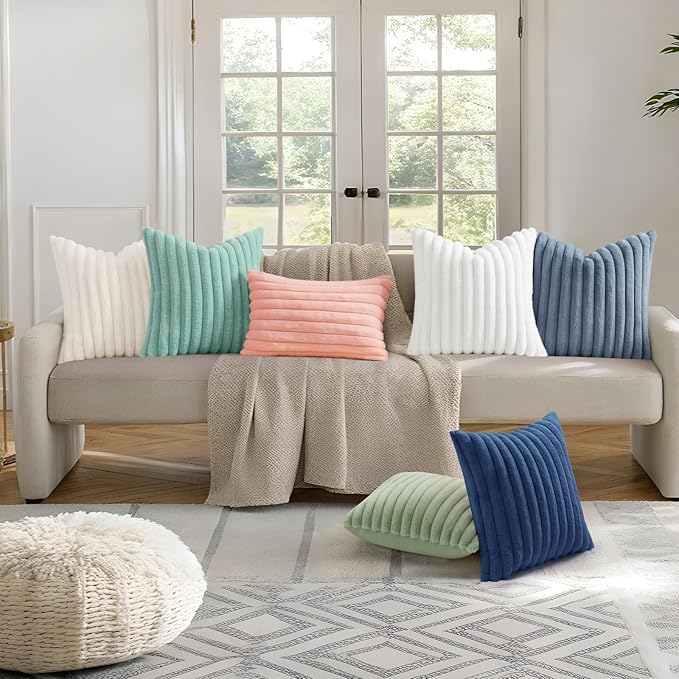 decorUhome Cozy Faux Fur Spring Throw Pillow Covers 18x18 Set of 2 Decorative Soft Plush Striped Modern Farmhouse Boho Couch Pillow Cases with Velvet Back for Sofa Bed Living Room, Aqua