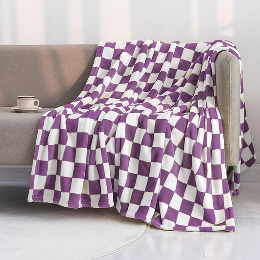 LOMAO Throw Blankets Flannel Blanket with Checkerboard Grid Pattern Soft Throw Blanket for Couch, Bed, Sofa Luxurious Warm and Cozy for All Seasons (Purple, 40"x60")