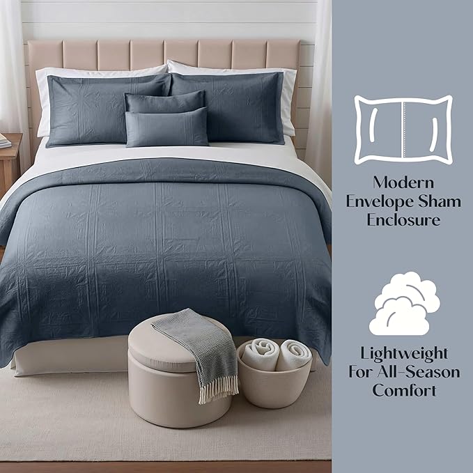 Hearth & Harbor Queen Quilt Set – All-Season Lightweight Bedspread & Coverlet with Pinsonic Weave - 7 Piece Queen Quilt Set with Pillow Shams, Steel Blue - Queen Grid
