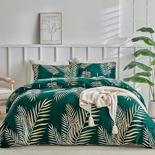 Lekesky Queen Duvet Cover Set, Green and Gold Tropical Palm Leaf Pattern Comforter Cover Queen Size, 3 Pieces Soft Microfiber Bedding Sets with Zipper & 2 Pillowcases, Green