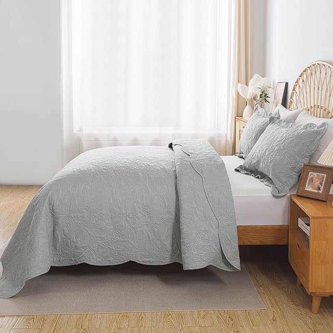 HoneiLife Quilt Set Queen Size - 3 Piece Queen Quilt Bedding Set Microfiber Quilt Sets Lightweight Bedspreads Reversible Coverlets Retro Bed Cover Floral Bedding Set All Season Quilts-Light Grey