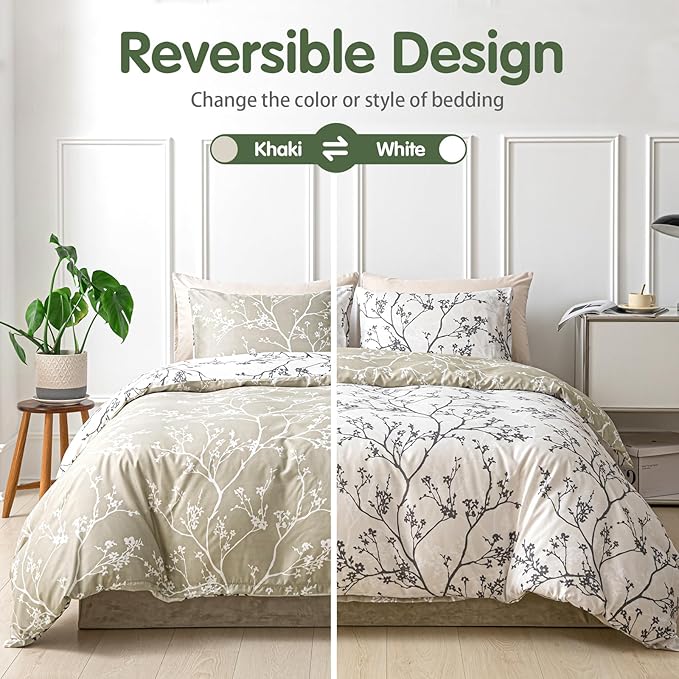 Lekesky Queen Size Duvet Cover Set, Reversible Duvet Cover Queen with Branch Pattern, Lightweight Soft Microfiber Comforter Cover, 3 Pieces Khaki Bedding Set with Zipper and 2 Pillowcases