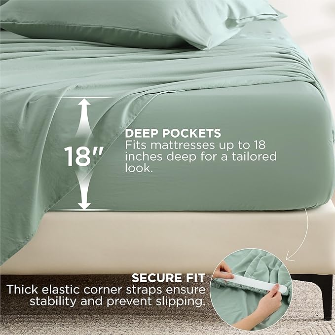 Bedsure Deep Pocket Queen Sheets - 6 Piece, Prewashed Ultra-Soft Queen Sheet Set, Fits Mattresses Up to 18 Inches Thick, Breathable & Secure Fit, Hotel Luxury Bedding, Sage Green
