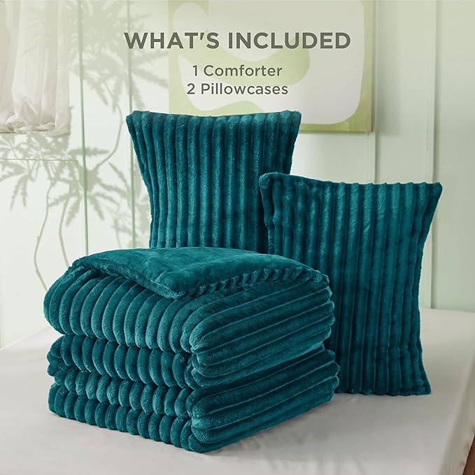 Bedsure King Size Comforter Set - GentleSoft™ 3 Pieces Fluffy Double-Side Fleece Comforter Set, Cozy Striped Room Decor Aesthetic, Luxury Teal King Bedding with 2 Pillowcases, 104x90 Inches