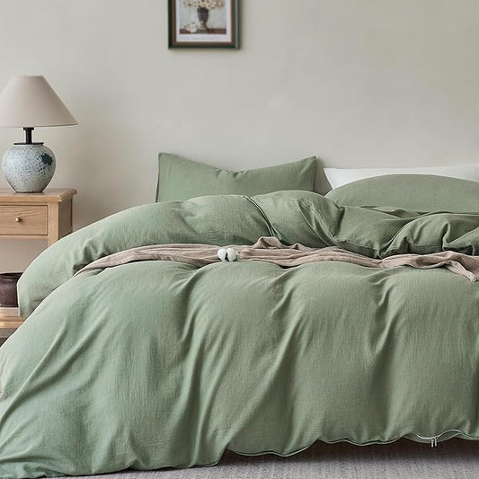 JELLYMONI Washed Cotton Duvet Cover Set King Size, Sage Green - Super Soft & Breathable Bedding Comforter Cover with Zipper, for Modern Home, Guest Room, and Everyday Use,1 Duvet Cover & 2 Pillowcases