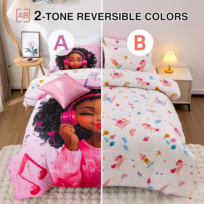 A Nice Night Pink Comforter Sets, Girl Winking Listening Music Printed, 6Pcs Bed in A Bag Twin Size All Seasons Bedding Set,for Kids, Girls