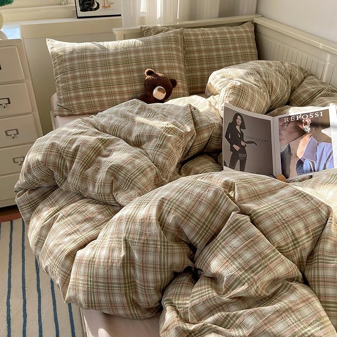 mixinni King Duvet Cover Set - 3 Piece Washed Cotton Vintage Geometric Plaid Bedding Set with Zipper Closure, Soft & Breathable Green Pink White Buffalo Check Pattern for All Seasons