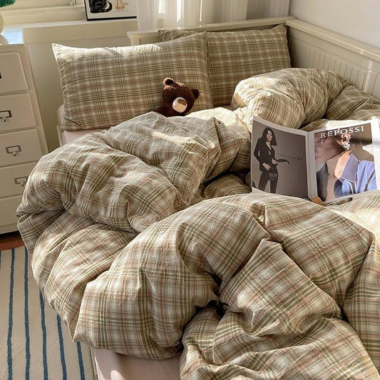 mixinni Queen Duvet Cover Set - 3 Piece Washed Cotton Vintage Geometric Plaid Bedding Set with Zipper Closure, Soft & Breathable Green Pink White Buffalo Check Pattern for All Seasons