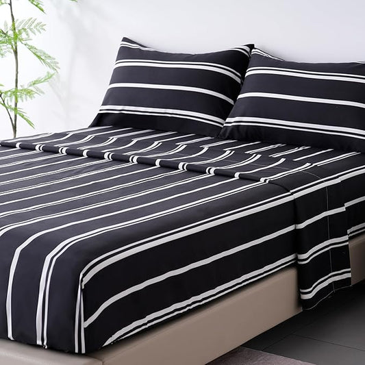 Best Season Black and White Striped Bed Sheets Queen Size 4 Piece Ultra Soft Stripe Sheet Set - Deep Pocket, Fade & Wrinkle Resistant Bedding Set (Black&White)