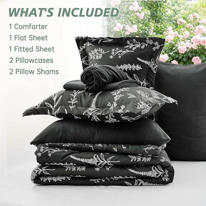 MUXHOMO Black California King Comforter Set, Elegant Floral Print Bed in a Bag 7 Pieces, Ultra Soft & Breathable Reversible Botanical Pattern Bedding Set with Comforter, Sheets, Pillowcases, and Shams