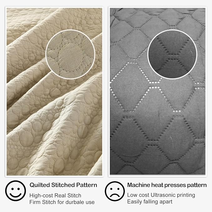 HORIMOTE HOME Quilt Set Queen Size Brich Beige, Classic Geometric Spots Stitched Pattern, Pre-Washed Microfiber Chic Rustic Look, Ultra Soft Lightweight Quilted Bedspread for All Season, 3 Pieces