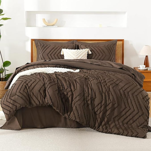 Litanika Full Size Comforter Set with Sheets Brown - 7 Pieces Bed in a Bag Full Chevron Tufted Complete Bedding Sets with Comforter, Sheets, Pillowcases & Shams