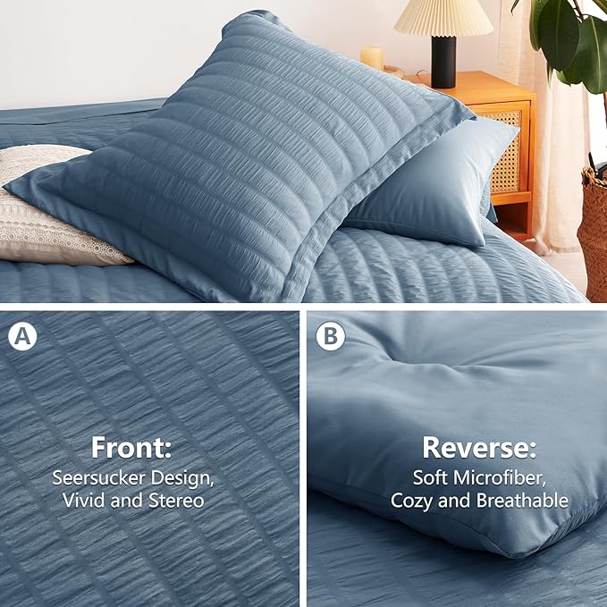 CozyLux Grayish Blue Queen Comforter Set Seersucker 7 Pieces Dusty Blue Bed in a Bag Queen Comforter Set with Sheets, Luxury Bedding Set with Down Alternative Comforter, Sheets, Pillowcases & Shams