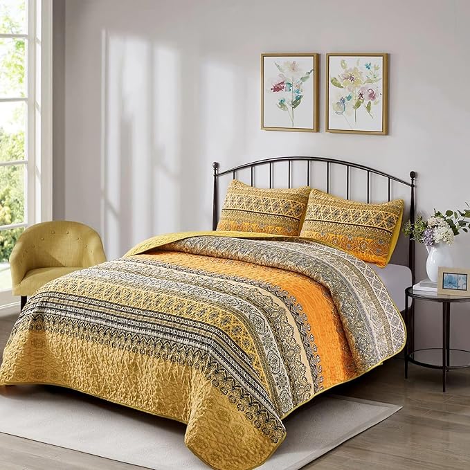 WONGS BEDDING Boho Queen Quilt Set, Yellow Orange Bohemian Queen Quilt Bedding Set, Lightweight Microfiber Bed Decor Bedspread for All Season 96"x90"(3 Pieces)
