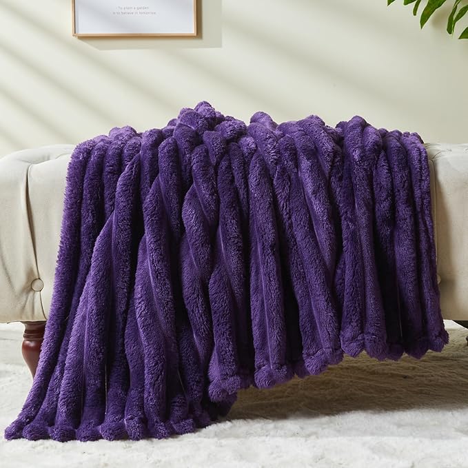 NEWCOSPLAY Super Soft King Blanket Purple Premium Silky Flannel Fleece 3D Ribbed Jacquard Lightweight Bed Blanket All Season Use (Purple Ribbed, King(90"x110"))