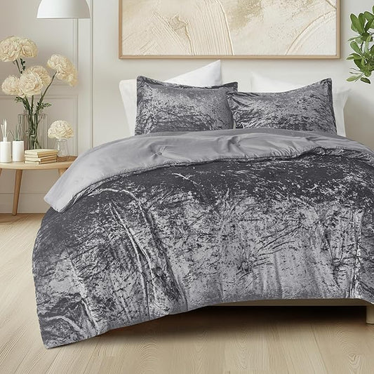 Comfort Spaces Juliette Luxe Comforter Set Velvet Lush with Soft Brushed Microfiber Reverse, All Season Cozy Velvet Bedding Sets, Fluffy Comforter Bed Set, Matching Sham, Grey Full/Queen 3 Piece