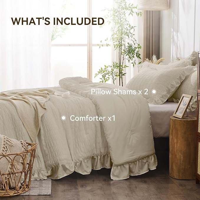 JOLLYVOGUE Queen Comforter Set, 3 Pieces Oatmeal Seersucker Comforters Queen Size, Lightweight & Fluffy Bedding Sets for All Season with 1 Ruffle Comforter and 2 Ruffle Pillowshams