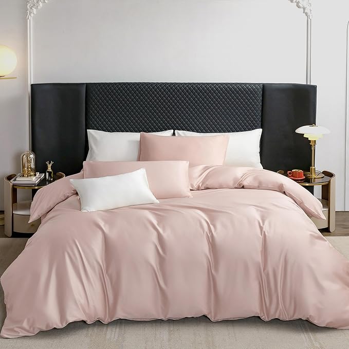 MooMee Duvet Cover Set 100% Extra Long Staple Cotton 600 Thread Count Silky Sateen Smooth Luxury Soft Breathable Durable Hotel Quality Bedding, 3 Pieces (Light Pink, King 104"x90")