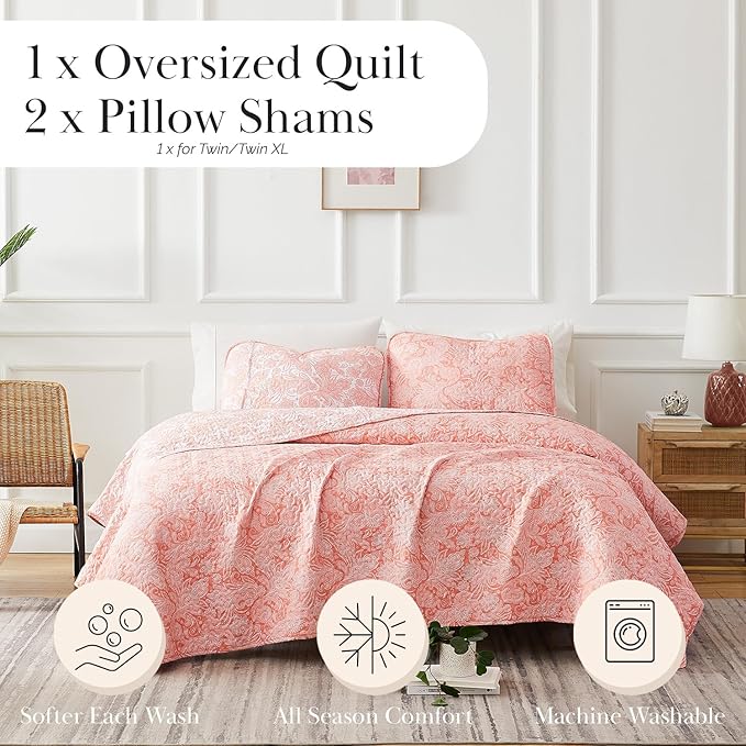 Southshore Fine Living, Inc. Twin XL Quilt Bedding Set, Boho Coverlet, Reversible Quilt, All Season 2-Piece Set with One Matching Quilted Pillow Sham, All Season Twin/XL Bedspreads for Adult, Coral