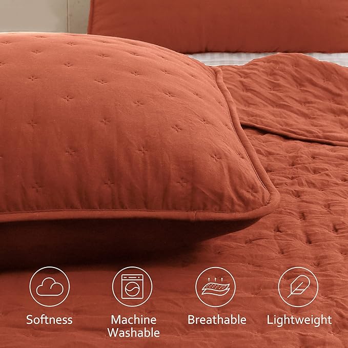 ROARINGWILD Burnt Orange Quilt Sets King Size with Pillow Shams, King Quilt Bedding Set, Lightweight Soft Bedspread Coverlet, Quilted Comforter for All Season