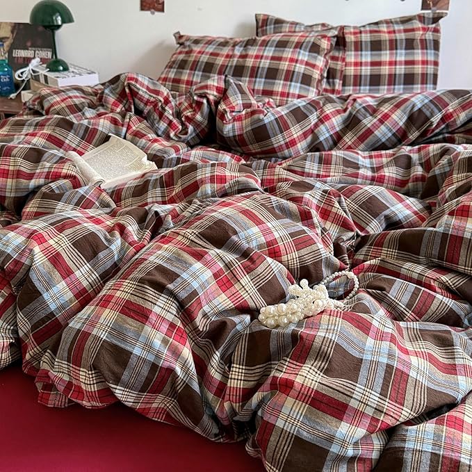 Vintage Buffalo Plaid Comforter Set King Size, 3 Pieces Red Brown Checkered Grid Comforter with 2 Pillowcases, Soft Fluffy Breathable Plaid Printed Gingham Bedding Comforter Set for All Seasons