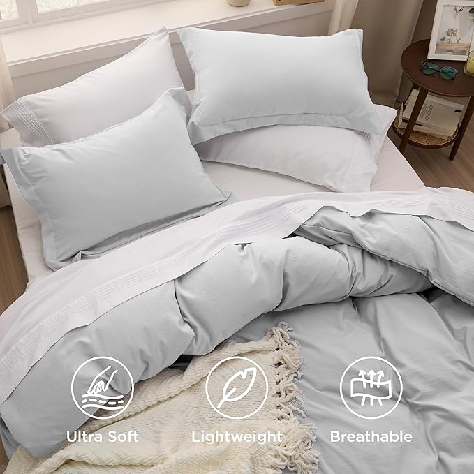 Bedsure Light Grey Duvet Cover Twin/Twin XL Size - 2 Pieces Prewashed Cotton-Like Extra Soft Bedding Set, Includes 1 Twin Duvet Cover 68x90 Inches with Zipper Closure & 1 Pillow Sham, No Comforter